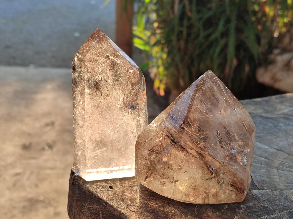 Polished Smokey Quartz Standing Display Crystals x 2 From Madagascar - Toprock Gemstones and Minerals 