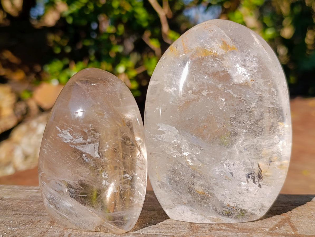 Polished Rock Crystal Standing Display Pieces with Limonite Veils x 6 From Amoron’i Mania, Madagascar - Toprock Gemstones and Minerals 