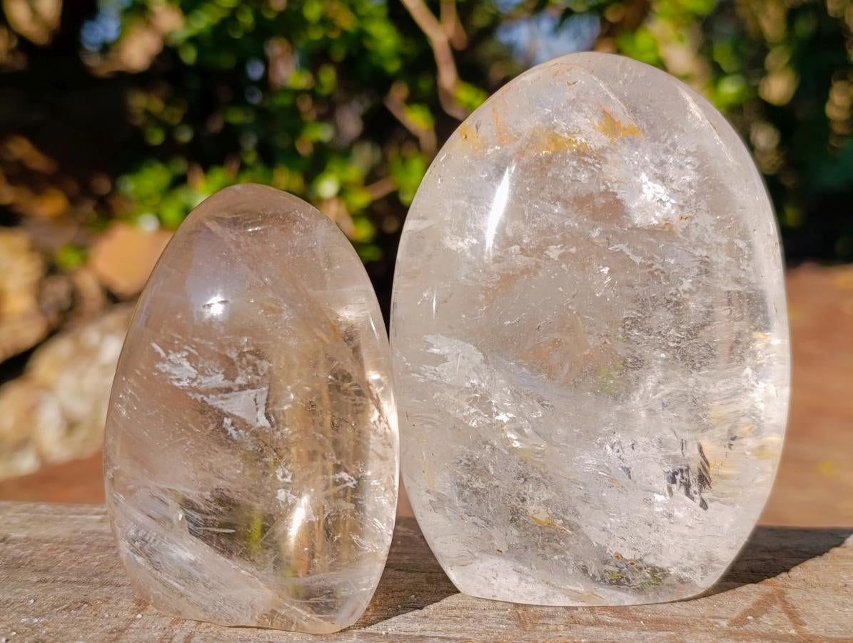 Polished Rock Crystal Standing Display Pieces with Limonite Veils x 6 From Amoron’i Mania, Madagascar - Toprock Gemstones and Minerals 