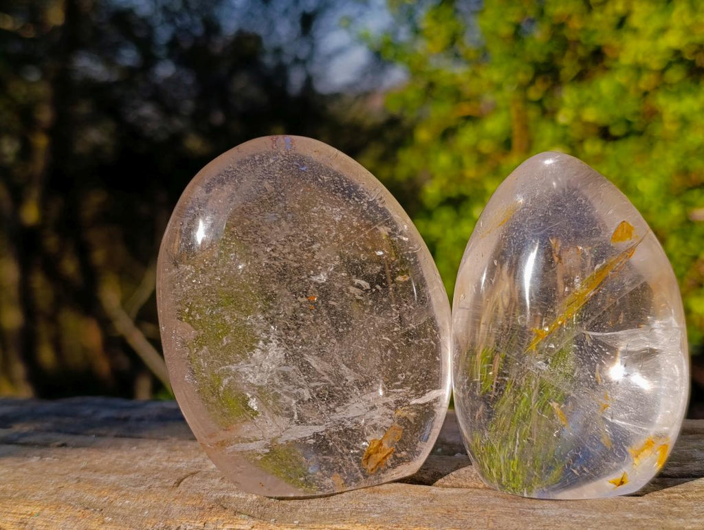 Polished Rock Crystal Standing Display Pieces with Limonite Veils x 6 From Amoron’i Mania, Madagascar - Toprock Gemstones and Minerals 