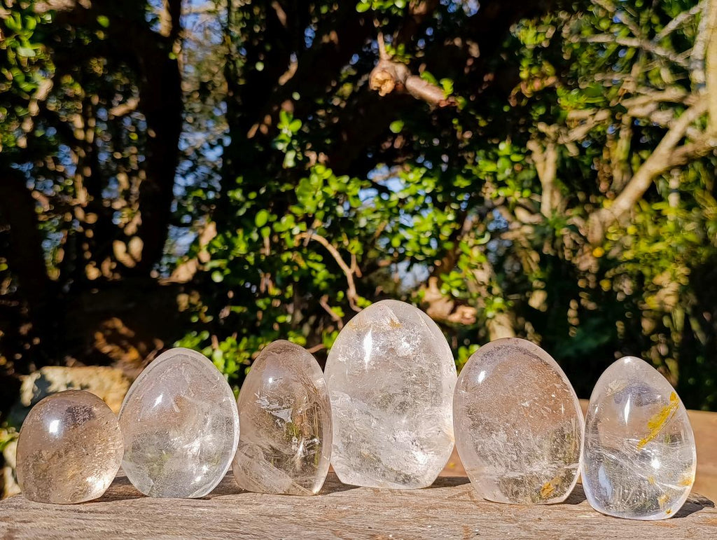 Polished Rock Crystal Standing Display Pieces with Limonite Veils x 6 From Amoron’i Mania, Madagascar - Toprock Gemstones and Minerals 