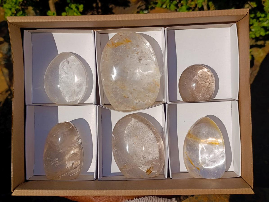 Polished Rock Crystal Standing Display Pieces with Limonite Veils x 6 From Amoron’i Mania, Madagascar - Toprock Gemstones and Minerals 