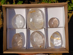 Polished Rock Crystal Standing Display Pieces with Limonite Veils x 6 From Amoron’i Mania, Madagascar - Toprock Gemstones and Minerals 