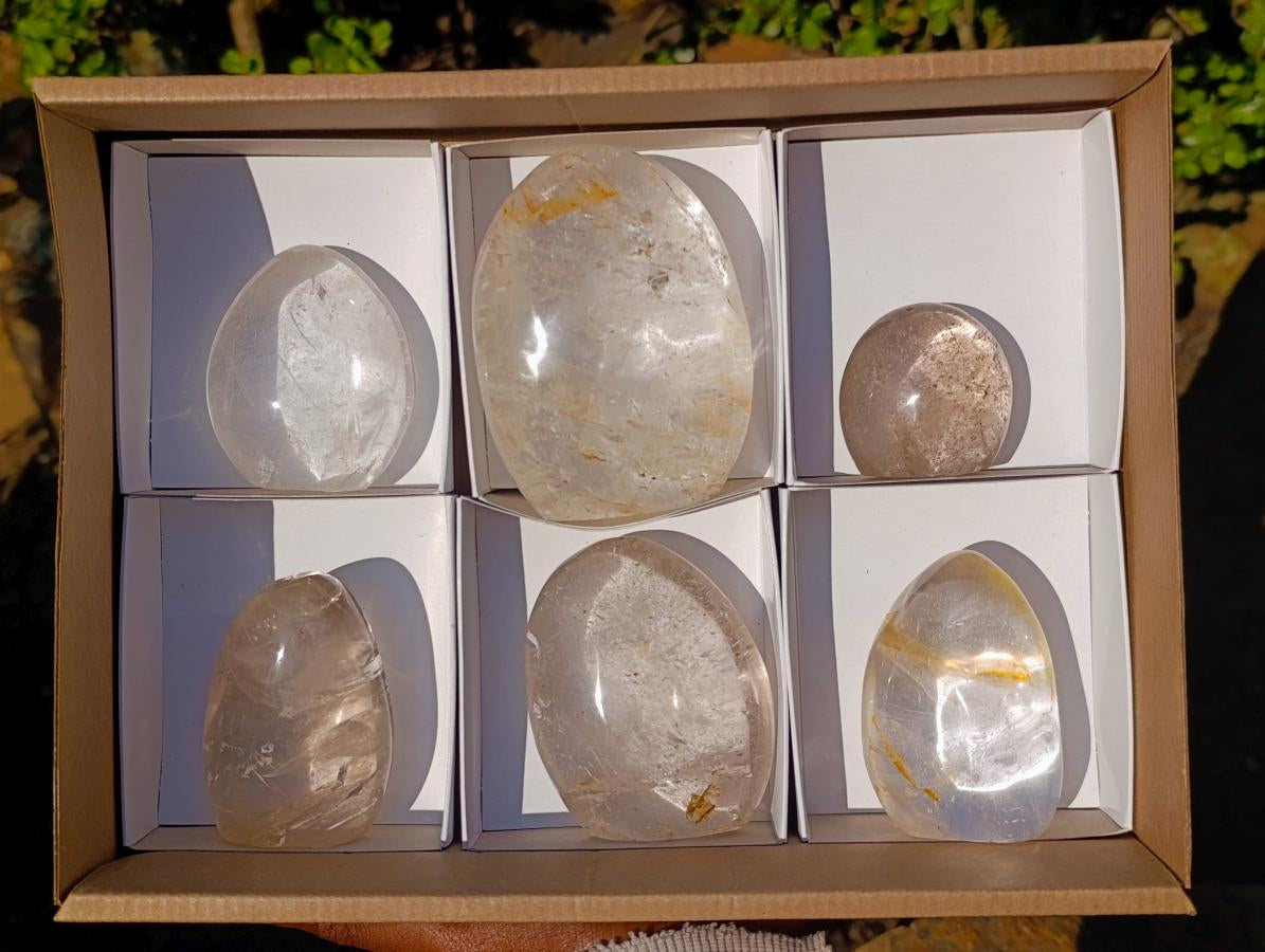 Polished Rock Crystal Standing Display Pieces with Limonite Veils x 6 From Amoron’i Mania, Madagascar - Toprock Gemstones and Minerals 