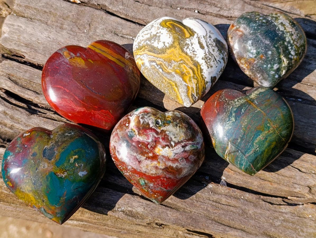 Polished Ocean Jasper Hearts x 6 From Northwest Coast, Madagascar - Toprock Gemstones and Minerals 