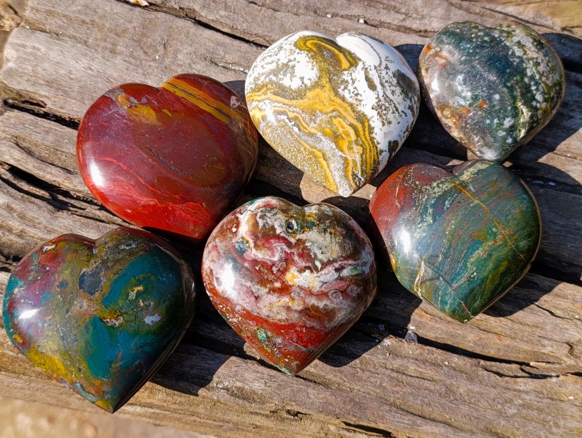 Polished Ocean Jasper Hearts x 6 From Northwest Coast, Madagascar - Toprock Gemstones and Minerals 