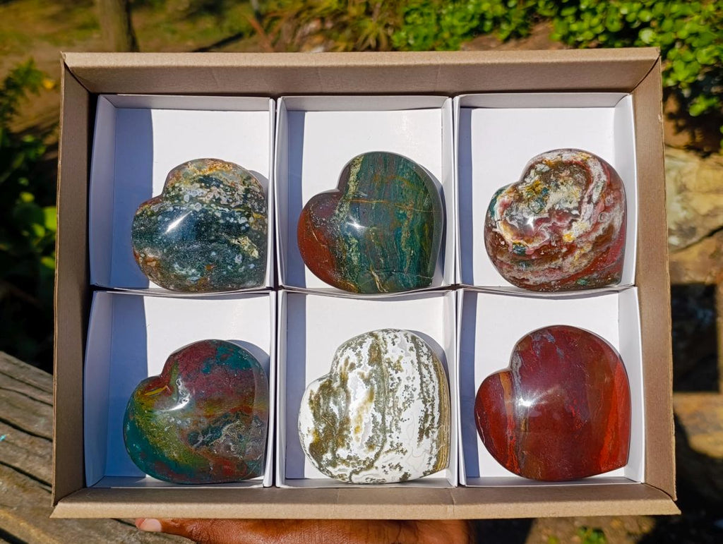 Polished Ocean Jasper Hearts x 6 From Northwest Coast, Madagascar - Toprock Gemstones and Minerals 