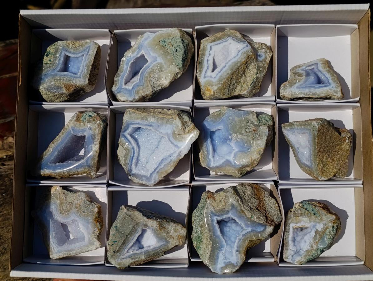 Polished On One Side Blue Lace Agate Geodes x 12 From Nsanje, Malawi - Toprock Gemstones and Minerals 