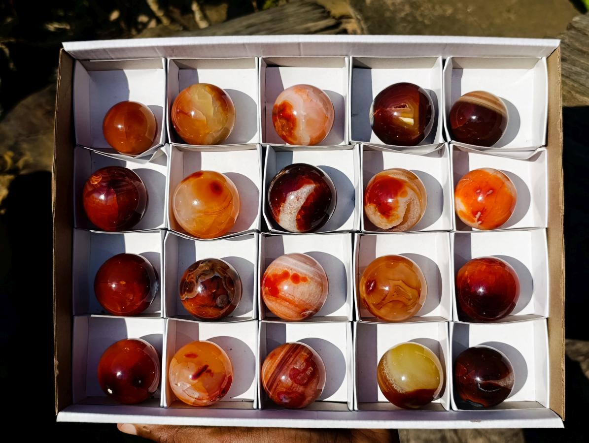 Polished Small Carnelian Agate Gemstone Spheres x 20 From Madagascar - Toprock Gemstones and Minerals 