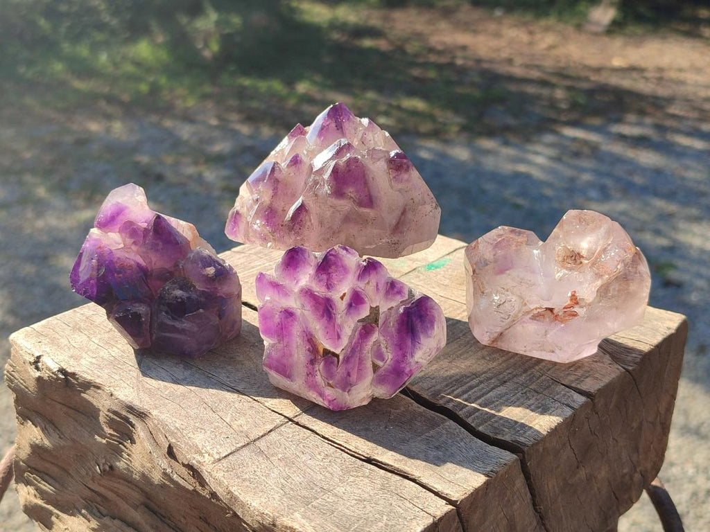 Polished Cascading Skeletal Smokey Window Amethyst Crystals x 4 From Akansobe, Madagascar - Toprock Gemstones and Minerals 