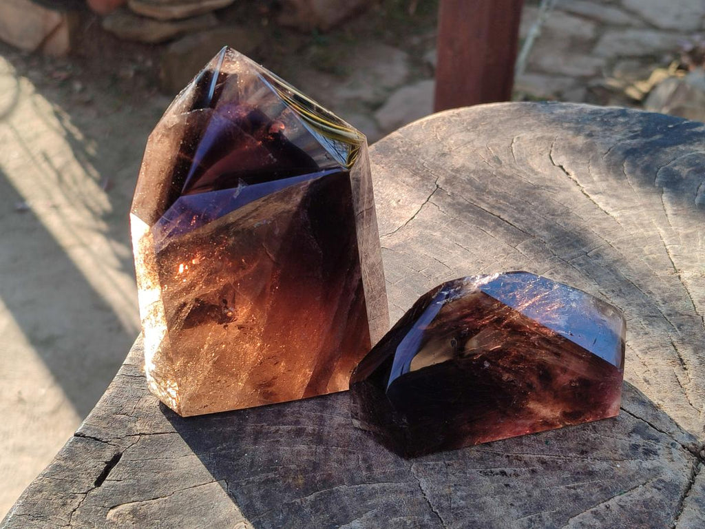 Polished Smokey Morion Quartz Standing Display Crystals x 2 From Madagascar - Toprock Gemstones and Minerals 