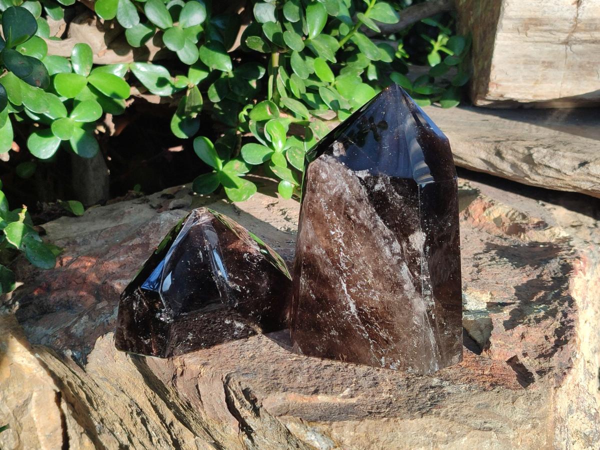 Polished Smokey Morion Quartz Standing Display Crystals x 2 From Madagascar - Toprock Gemstones and Minerals 
