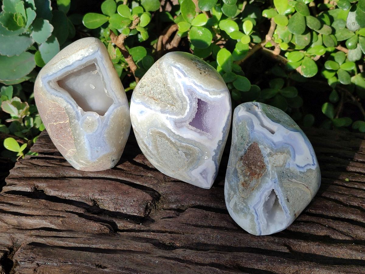 Polished Blue Lace Agate Geodes with Dog Tooth Calcite x 3 From Nsanje, Malawi - Toprock Gemstones and Minerals 