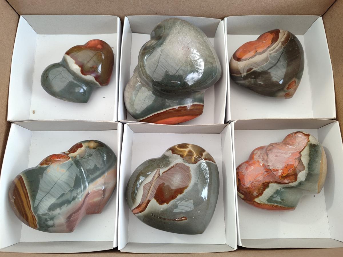 Polished Polychrome Jasper Twin Hearts and Single Hearts x 6 From NW Coast, Madagascar - Toprock Gemstones and Minerals 