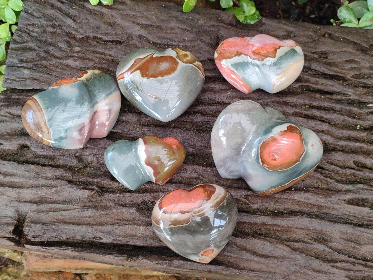 Polished Polychrome Jasper Twin Hearts and Single Hearts x 6 From NW Coast, Madagascar - Toprock Gemstones and Minerals 