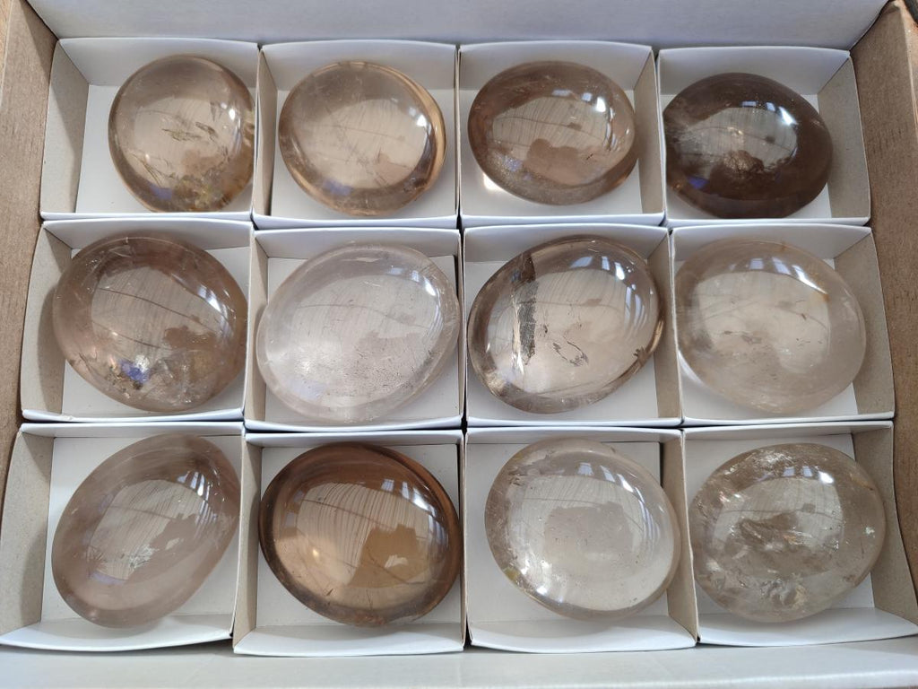Polished Large Smokey Window Quartz Galets x 12 From Madagascar - Toprock Gemstones and Minerals 