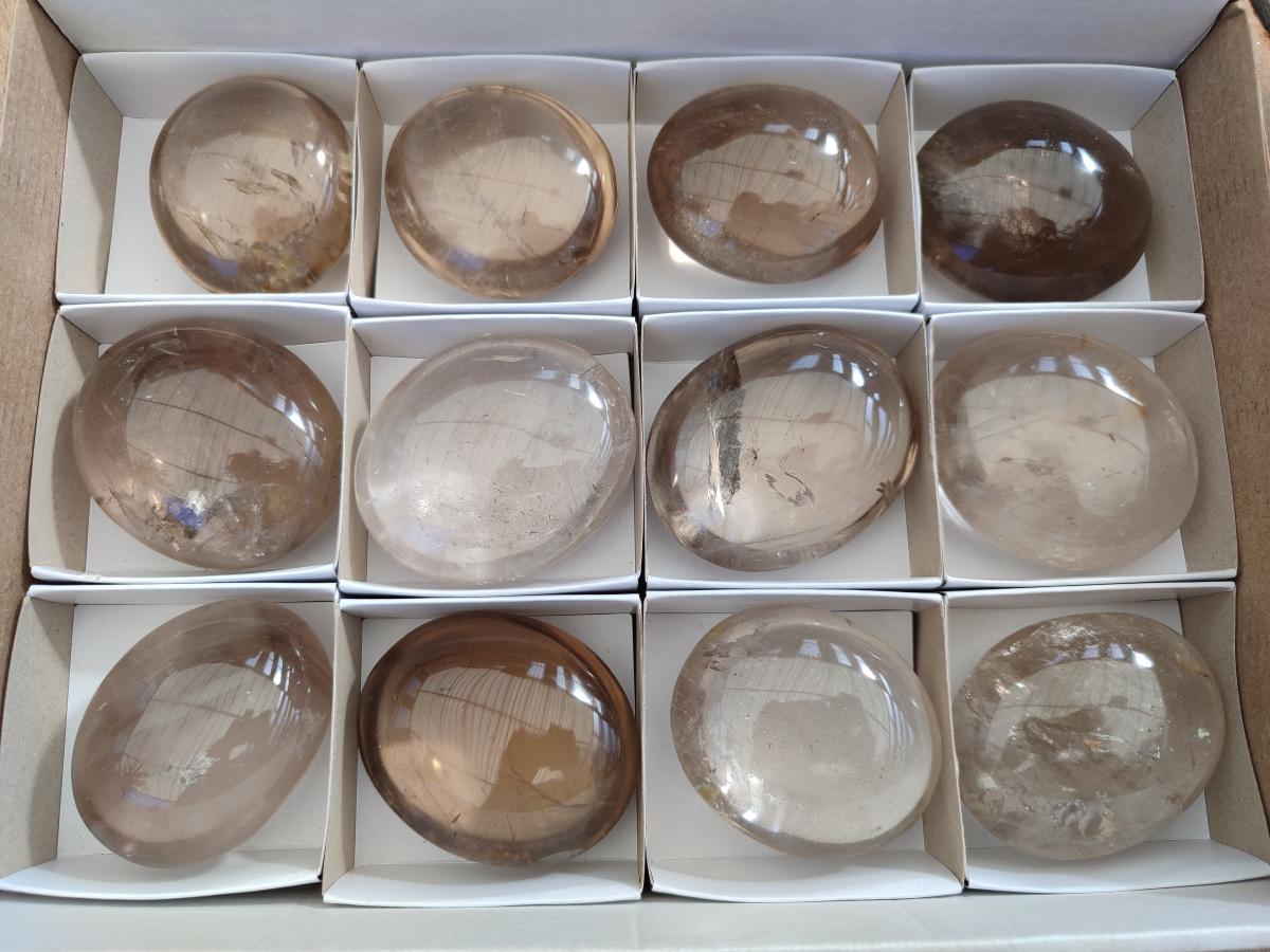 Polished Large Smokey Window Quartz Galets x 12 From Madagascar - Toprock Gemstones and Minerals 
