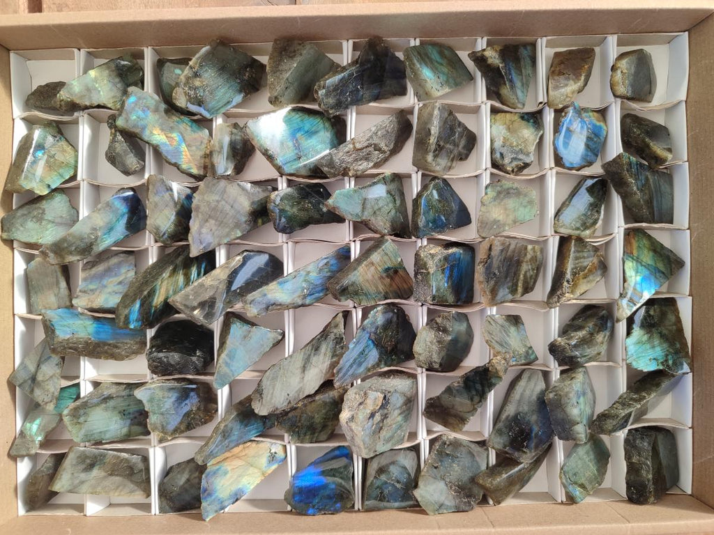 Polished One Side Labradorite Display Pieces Cut to Stand x 70 From Madagascar - Toprock Gemstones and Minerals 
