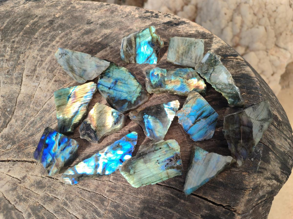 Polished One Side Labradorite Display Pieces Cut to Stand x 70 From Madagascar - Toprock Gemstones and Minerals 