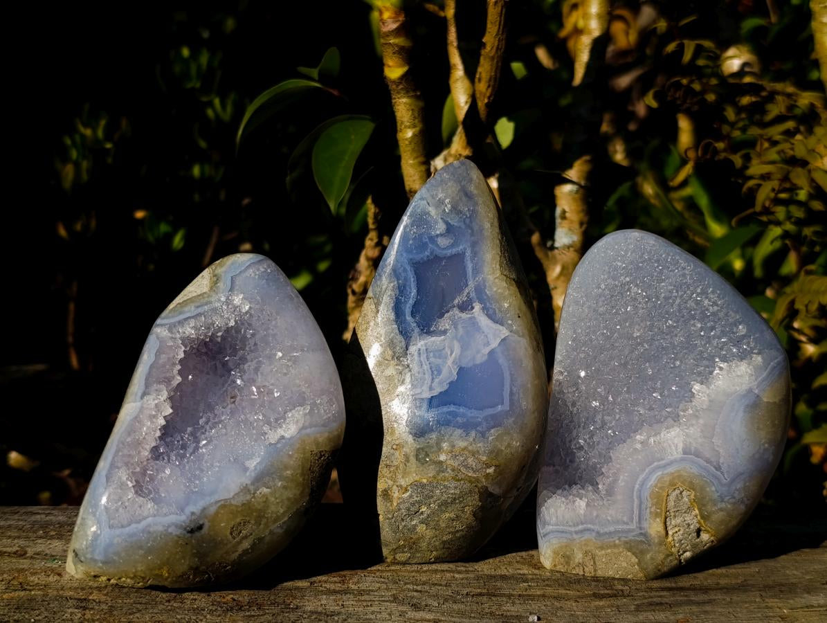 Polished Blue Lace Agate Geode Standing Display Pieces x 3 From Nsanje, Malawi - Toprock Gemstones and Minerals 
