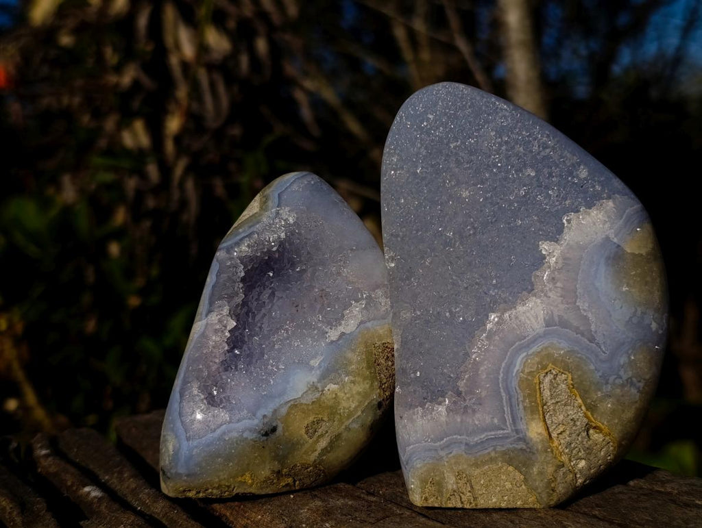 Polished Blue Lace Agate Geode Standing Display Pieces x 3 From Nsanje, Malawi - Toprock Gemstones and Minerals 
