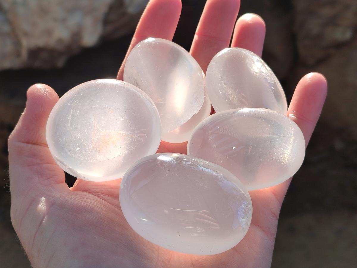 Polished Girasol Pearl Quartz Palm Stones x 24 From Ambatondrazaka, Madagascar - Toprock Gemstones and Minerals 