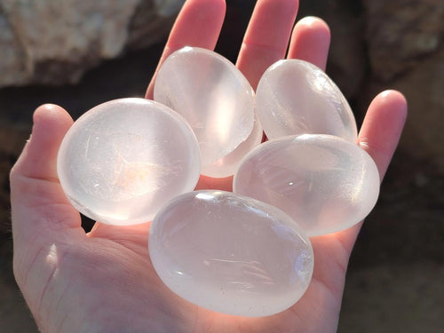 Polished Girasol Pearl Quartz Palm Stones x 24 From Ambatondrazaka, Madagascar - Toprock Gemstones and Minerals 