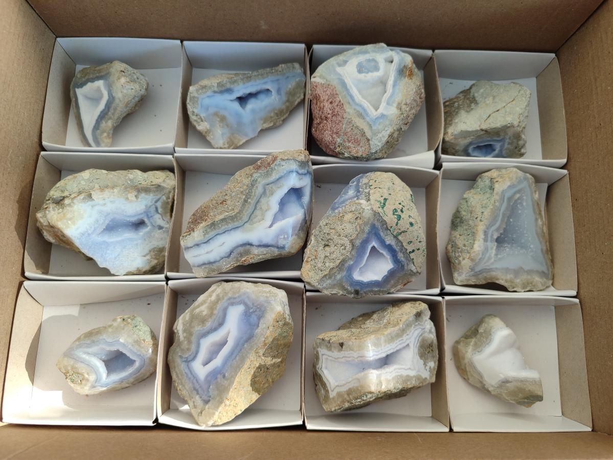 Polished On One Side Blue Lace Agate Geodes x 12 From Nsanje, Malawi - Toprock Gemstones and Minerals 