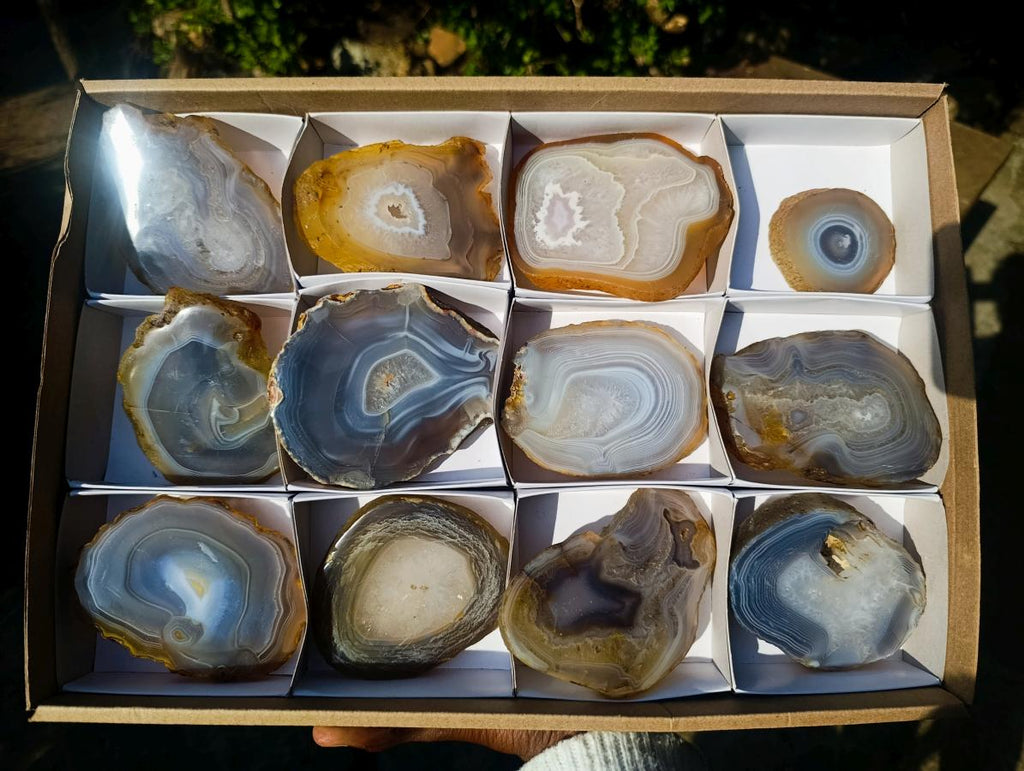 Polished Banded Agate Slices with Natural Edging x 12 From Madagascar - Toprock Gemstones and Minerals 