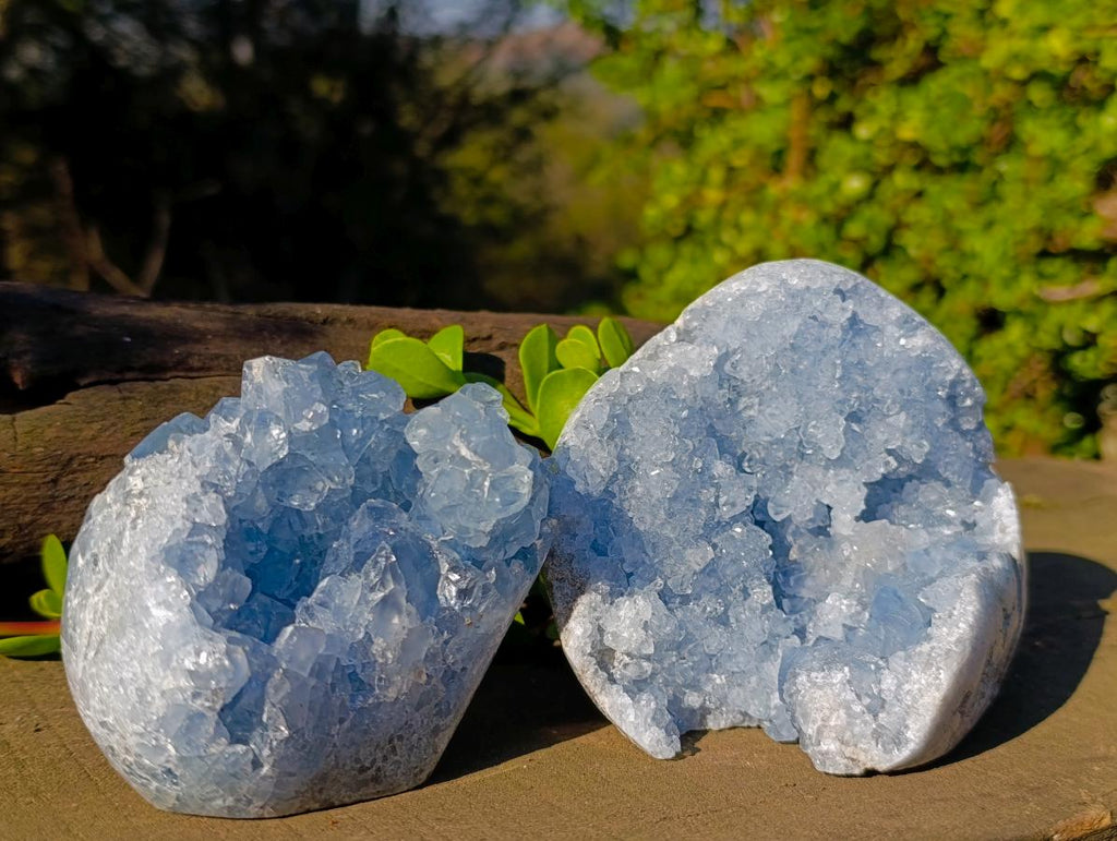 Polished Blue Celestite Geode Standing Display Pieces x 2 From Sakoany, Madagascar - Toprock Gemstones and Minerals 