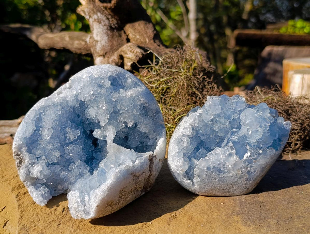 Polished Blue Celestite Geode Standing Display Pieces x 2 From Sakoany, Madagascar - Toprock Gemstones and Minerals 