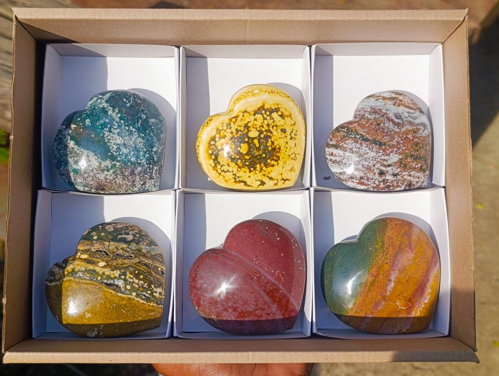 Polished Ocean Jasper Hearts x 6 From Northwest Coast, Madagascar - Toprock Gemstones and Minerals 
