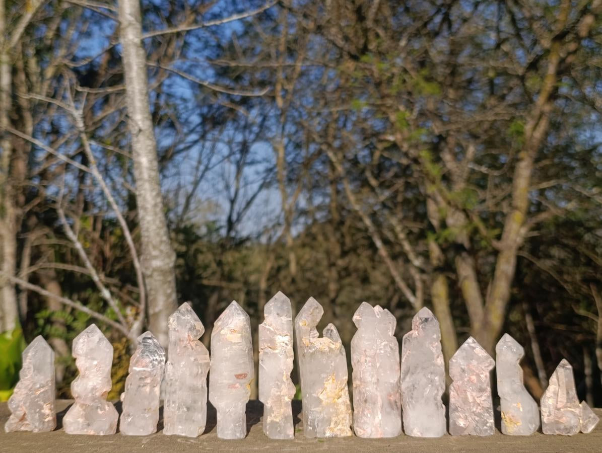 Polished Elestial Girasol Quartz Crystals x 12 From Madagascar - Toprock Gemstones and Minerals 