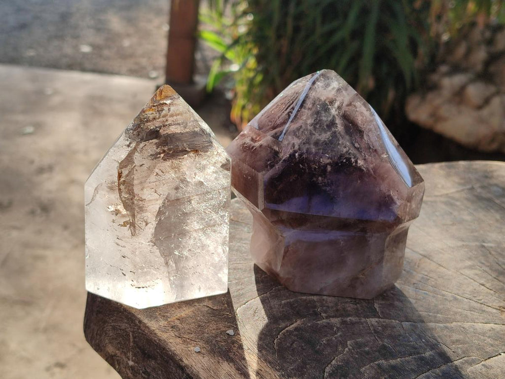 Polished Smokey Window Quartz Display Crystals x 2 From Madagascar - Toprock Gemstones and Minerals 