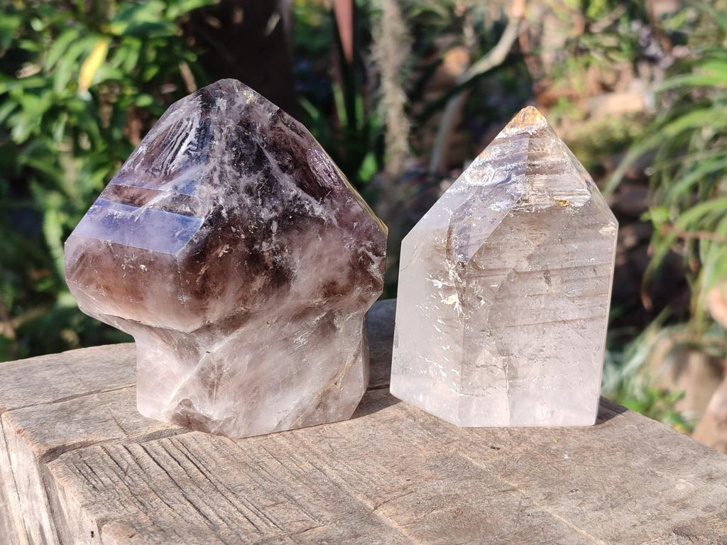 Polished Smokey Window Quartz Display Crystals x 2 From Madagascar - Toprock Gemstones and Minerals 