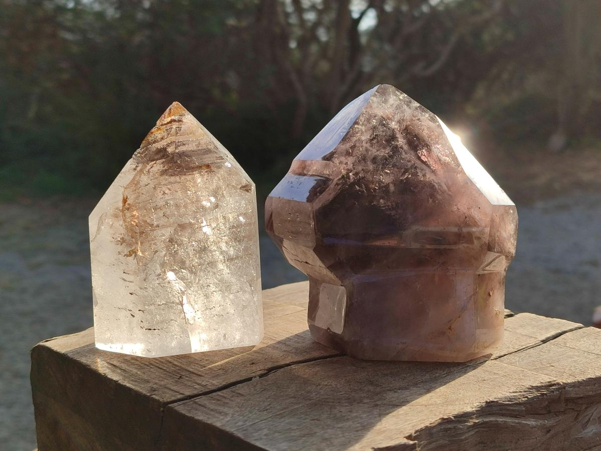 Polished Smokey Window Quartz Display Crystals x 2 From Madagascar - Toprock Gemstones and Minerals 