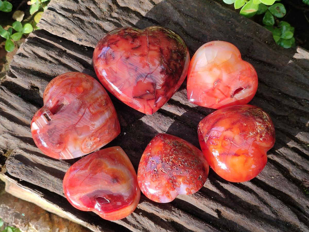 Polished Carnelian Agate Gemstone Hearts x 6 From Madagascar - Toprock Gemstones and Minerals 