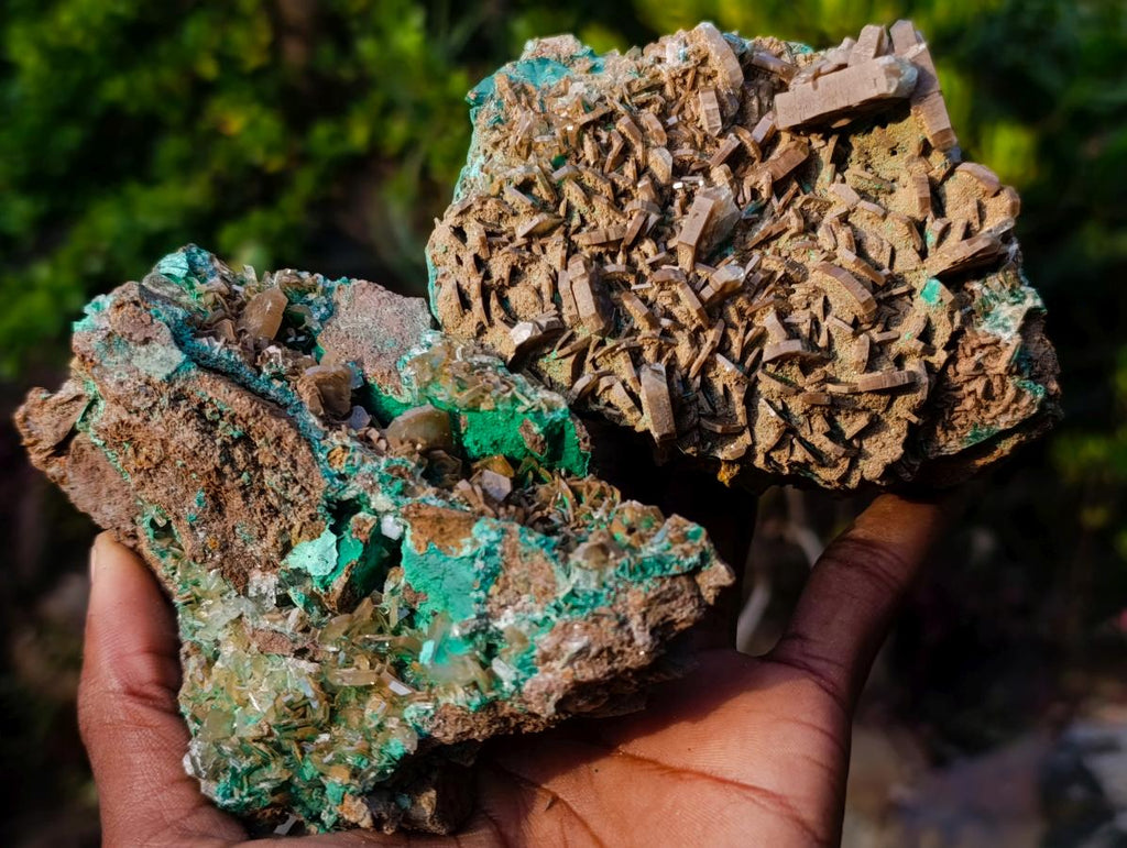 Natural Rare Bladed Barite with Malachite Specimens x 2 From Shangulowé Mine, Congo - Toprock Gemstones and Minerals 