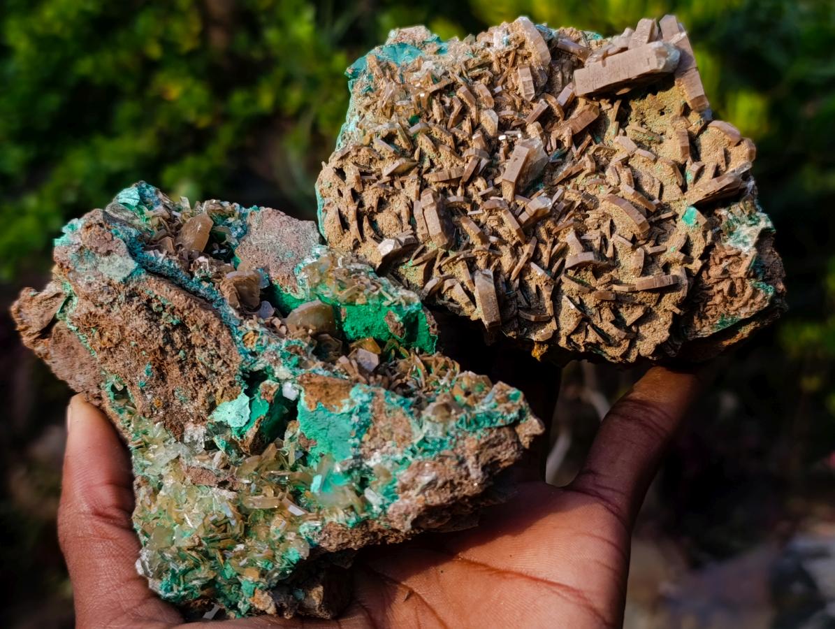 Natural Rare Bladed Barite with Malachite Specimens x 2 From Shangulowé Mine, Congo - Toprock Gemstones and Minerals 