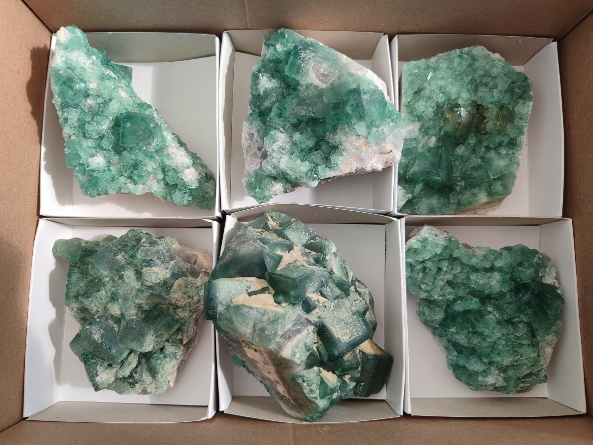 Natural Green Cubic Fluorite Specimens x 6 From Mandrosonoro, Madagascar - Toprock Gemstones and Minerals 