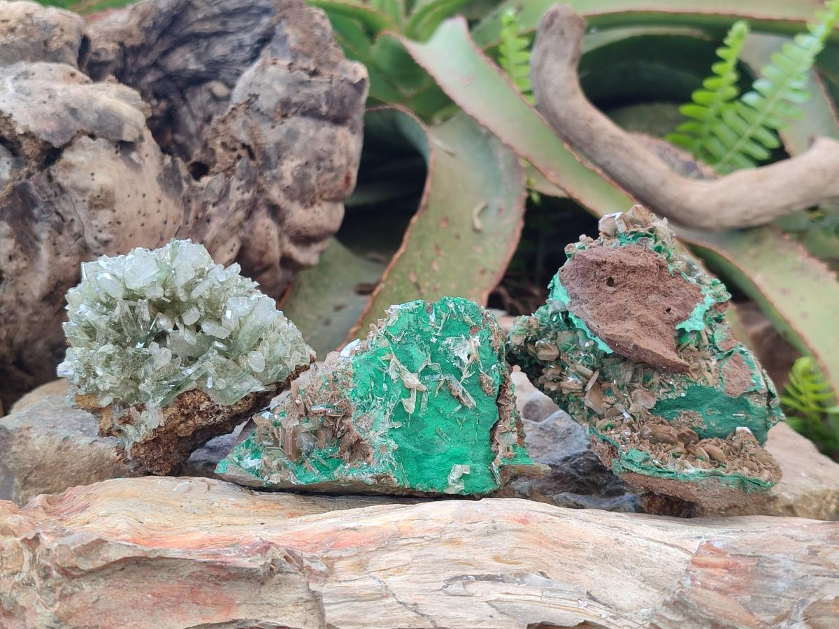 Natural Rare Bladed Barite with Malachite Specimens x 3 From Shangulowé Mine, Congo - Toprock Gemstones and Minerals 
