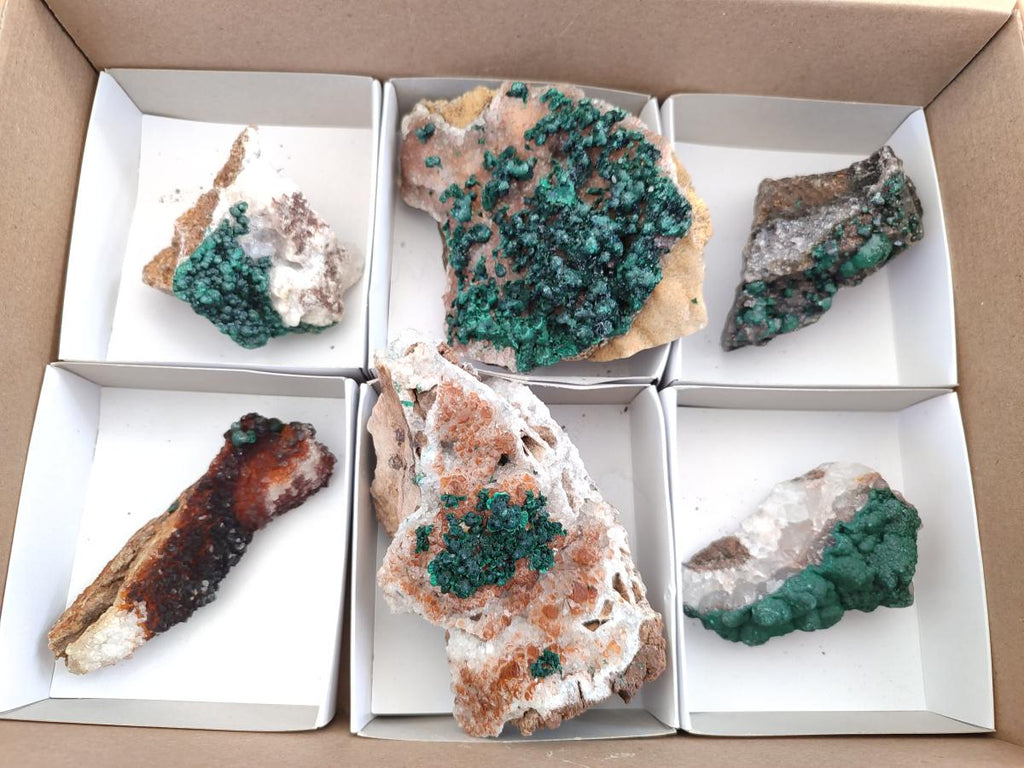 Natural Ball Malachite Specimens Coated with Drusy Quartz on Dolomite x 6 From Mindingi Mine, Kambove, Congo - Toprock Gemstones and Minerals 