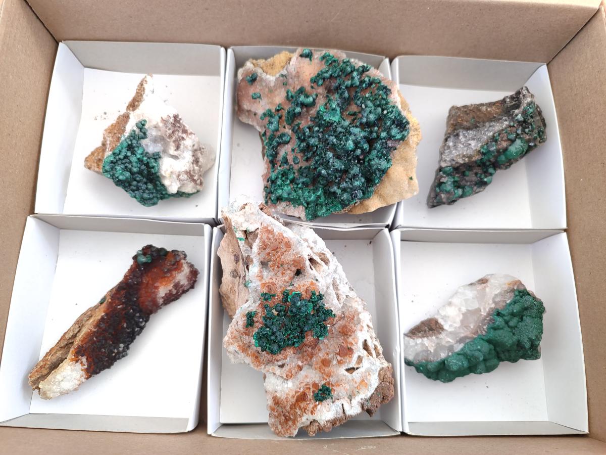 Natural Ball Malachite Specimens Coated with Drusy Quartz on Dolomite x 6 From Mindingi Mine, Kambove, Congo - Toprock Gemstones and Minerals 