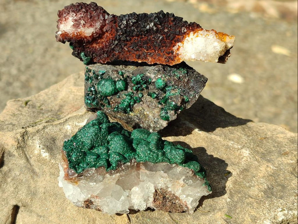 Natural Ball Malachite Specimens Coated with Drusy Quartz on Dolomite x 6 From Mindingi Mine, Kambove, Congo - Toprock Gemstones and Minerals 