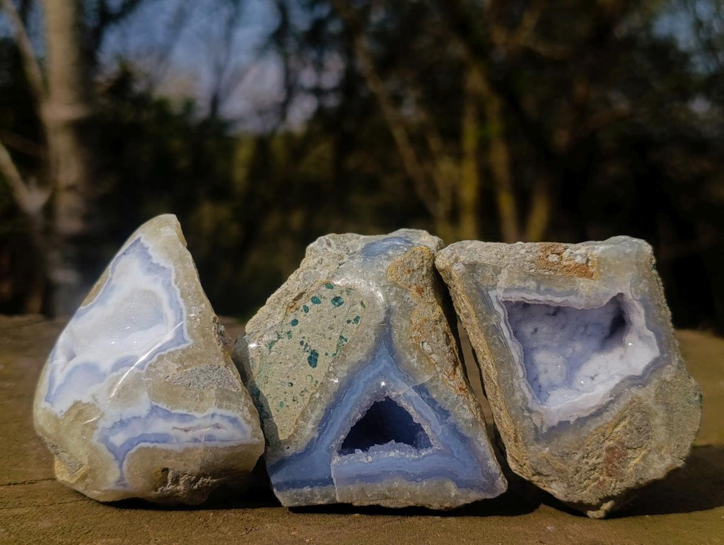 Polished on One Side Blue Lace Agate Geodes x 12 From Nsanje, Malawi - Toprock Gemstones and Minerals 