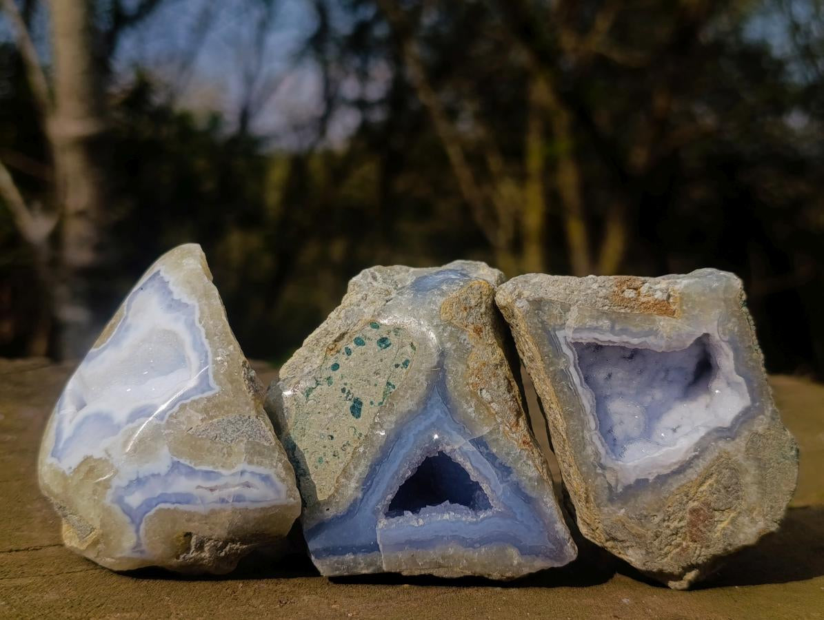 Polished on One Side Blue Lace Agate Geodes x 12 From Nsanje, Malawi - Toprock Gemstones and Minerals 