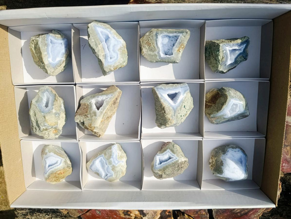 Polished on One Side Blue Lace Agate Geodes x 12 From Nsanje, Malawi - Toprock Gemstones and Minerals 