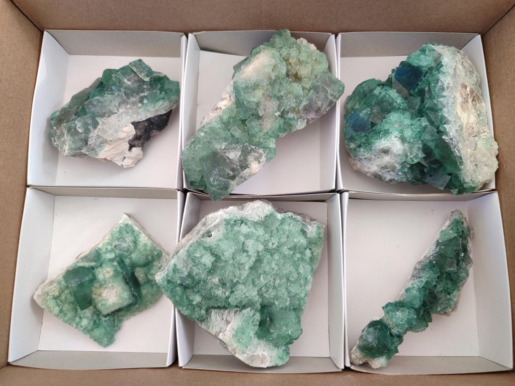 Natural Green Cubic Fluorite Specimens x 6 From Mandrosonoro, Madagascar - Toprock Gemstones and Minerals 