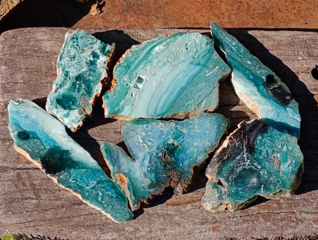 Polished on One Side Mtorolite Chrysoprase Slices x 6 From Mutorashanga, Zimbabwe