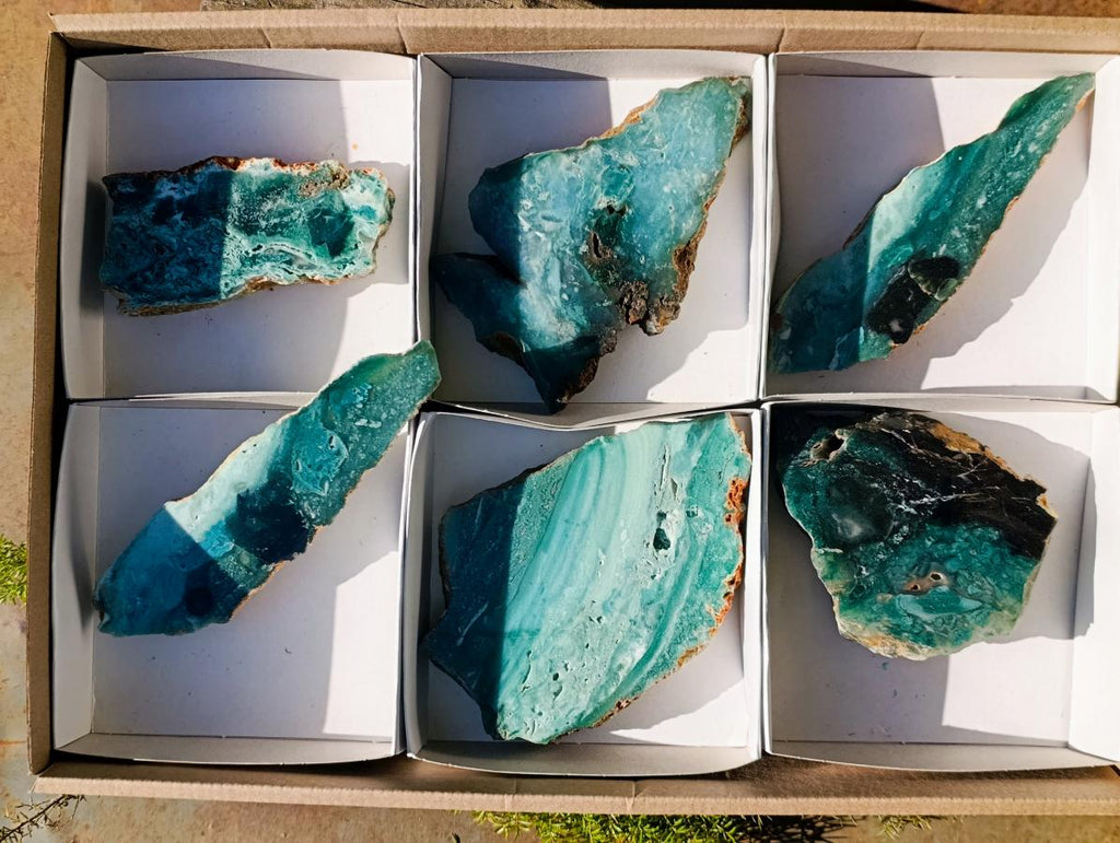 Polished on One Side Mtorolite Chrysoprase Slices x 6 From Mutorashanga, Zimbabwe